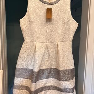 Poema White and Gray Textured Dress with Flare